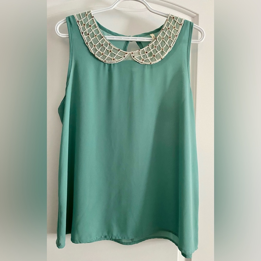 B Jewel Teal Sleeveless Blouse with Beaded Collar